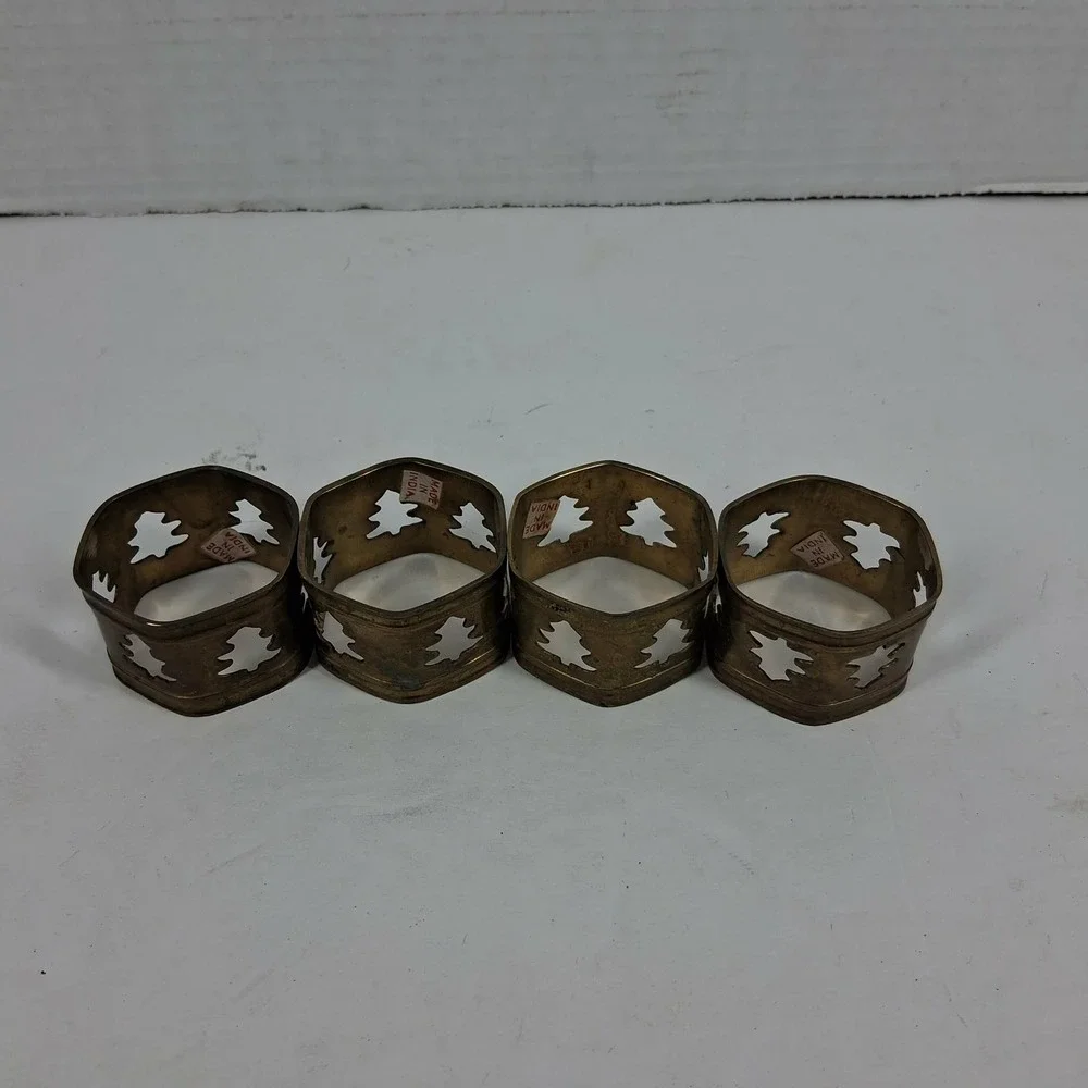 Vintage Brass Christmas Tree Napkin Rings Set of 4 Hexagon Holiday Gold‎ India